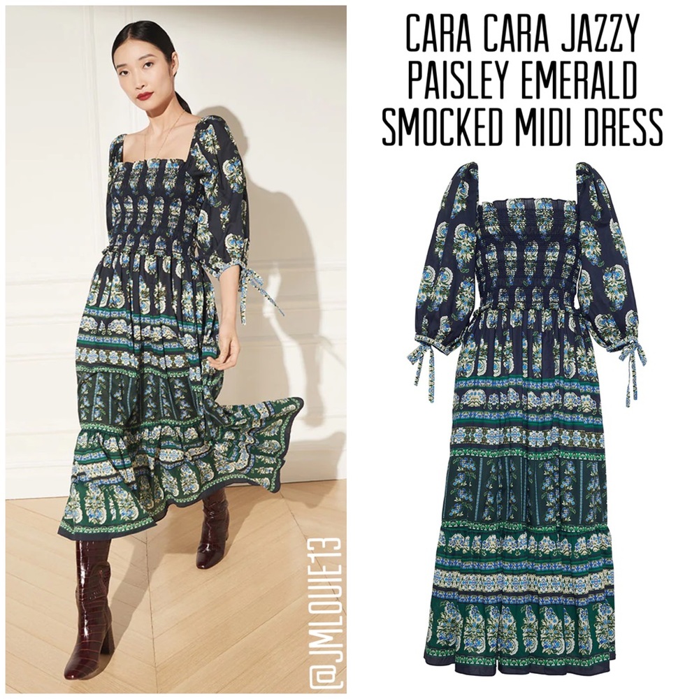 Cara Cara Jazzy Paisley Emerald Smocked Midi Dress